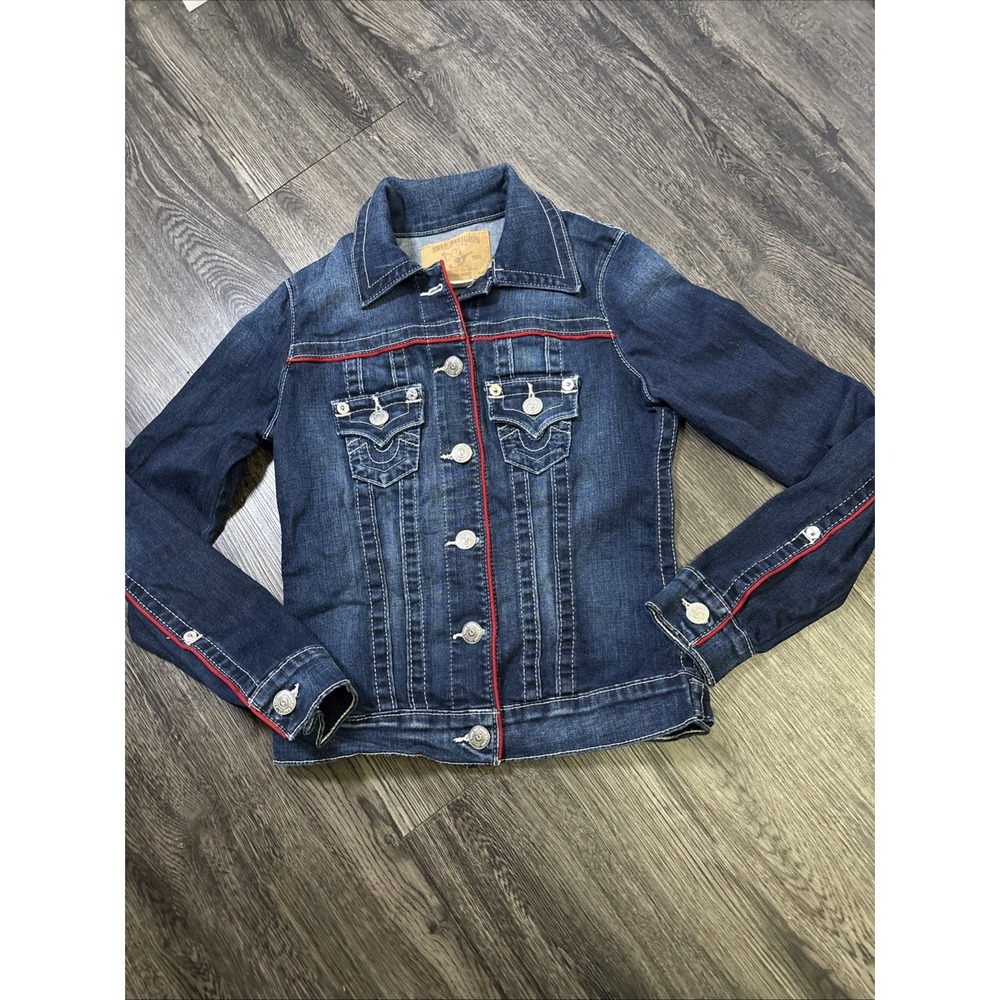 ⁠True Religion Womens Jean Jacket Size XS Dark Blue Wash Red Piping Detail⁠